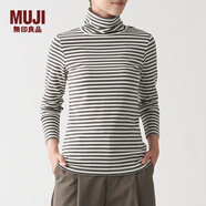 無(wú)印良品 MUJI 女式 彈力羅紋編織 高領(lǐng)長(zhǎng)袖T恤 BBM01A1A 深灰色條紋 L