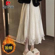皮爾卡丹天絲不規(guī)則網(wǎng)紗半身裙女秋冬季加絨小個(gè)子a字裙中長版仙女紗裙子 杏色:(款) 加絨 S