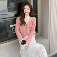 源夫人小香風(fēng)針織開衫女2025秋季設(shè)計(jì)感小眾感寬松加厚毛衣外套 粉色 S 85-99