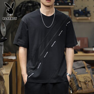 花花公子（PLAYBOY）夏季高街美式2025新款短袖t恤男寬松大碼ins潮牌純棉男士半袖上衣 3052黑色   L 合適體重120-140斤