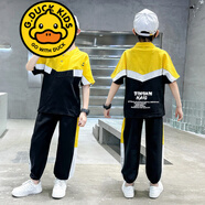 G.DUCKKIDS品牌童裝男童短袖套裝兒童夏季新款中大童男孩帥氣休閑兩件套潮 2015A男童夏裝棉麻套裝 黃色 140