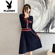 花花公子（PLAYBOY）春秋ol女裝小香風(fēng)針織連衣裙亮絲毛衣職業(yè)通勤氣質(zhì)百褶a字打底裙 寶藍(lán)色亮絲 S