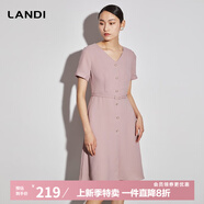 LANDI新款V領(lǐng)系帶連衣裙女高端大氣高級(jí)感a字中長(zhǎng)款裙子春夏 粉紅色 XL