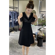 皮爾卡丹（pierrecardin）2025年夏季網(wǎng)紅新款小個(gè)子連衣裙女設(shè)計(jì)感鑲鉆V領(lǐng)露肩顯瘦小黑裙 黑色連衣裙 2XL 125-140斤
