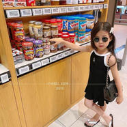 SPACE OWEN森系韓范女童連衣裙2024夏新款網(wǎng)紅童裝女孩夏裝公主裙女寶吊帶裙 黑色 均碼 100