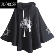 UOOROSE 男衛衣美式復古中山300斤胖mm日系可愛(ài)二次元春秋款連帽斗篷 黑色加絨加厚 XL 建議120-150斤