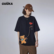 古由卡（GUUKA）潮牌短袖t恤男士打底衫夏季男裝新款青少年上衣服寬松五分半截袖 黑色 AGAHO聯(lián)名款F4645 S