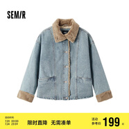 森馬（Semir）牛仔棉服女拼接毛領(lǐng)美式復(fù)古2024冬寬松毛邊夾克街頭109724108017