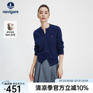 Navigare意大利小帆船毛衣外套女士秋冬款純羊毛圓領(lǐng)羊毛衫氣質(zhì)針織開衫 藏青 L