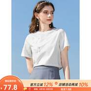 艾蓓怡粉色涼感冰瓷棉珍珠立體蝴蝶短袖T恤女白色2024夏季新款上衣別致 米白色 M