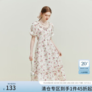 范思藍恩夏季法式浪漫木耳邊碎花連衣裙U型領(lǐng)泡泡袖高腰裙子新款收腰長(cháng)裙 白底紅花 XS