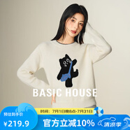 Basic House/百家好復(fù)古灰色小貓?zhí)峄戮d羊毛圓領(lǐng)正肩針織上衣 白色 XL