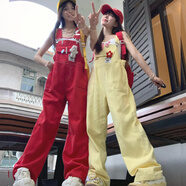 吉賽倫背帶褲多巴胺 美式復古牛仔背帶褲女春夏新款高腰設計感減齡工裝 【奶黃色】 M 100-115斤