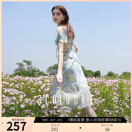三彩獨醒2025夏季新款荷葉邊印花雪紡裙連衣裙度假風(fēng)長(cháng)裙F 冰川藍花卉 XL 170/92A