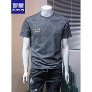 羅蒙（ROMON）短袖t恤男夏季新款男士滿(mǎn)身卡通印花刺繡修身半袖棉t汗衫純棉上衣 灰色【純棉】 3XL 145-160斤