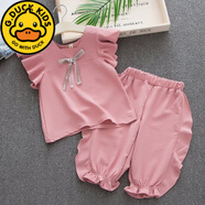 G.duck女童夏季套裝2023新款女寶寶衣服韓版T恤短褲中小童飛飛袖兩件套 蝴蝶結雪紡套裝粉色 110 適合90-100cm年齡3-4歲