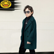 G.DUCKKIDS男童雙排扣毛呢大衣2024新款秋冬加厚洋氣兒童翻領中長款毛呢外套 墨綠色單大衣 150 身高140-145cm  11-12歲