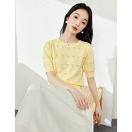 梵希蔓法式鏤空套頭短袖針織衫女夏季新款提花泡泡袖圓領(lǐng)上衣 鵝黃色 M