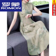 羅蒙（ROMON）改良旗袍裙夏季新款冰絲連衣裙女大尺碼民族風(fēng)印花氣質(zhì)裙子女 210【綠色】 XL