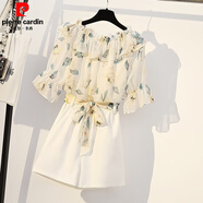 皮爾卡丹（pierre cardin）大碼女裝2025夏裝新款洋氣減齡遮肚雪紡衫胖妹妹時(shí)尚顯瘦短褲套裝 白色短褲+上衣【時(shí)髦減齡 套裝】 M 80-100斤