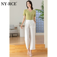 NY-RCE天絲麻白色闊腿褲女直筒九分休閑褲女松緊腰亞麻OL職業(yè)闊腿褲新款 白色（有全包內(nèi)里防透） 26