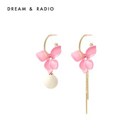 Dream＆Radio新中式國風(fēng)耳環(huán)女設計感小眾個(gè)性ab款不對稱(chēng)花朵耳墜 暖春（粉花白墜）