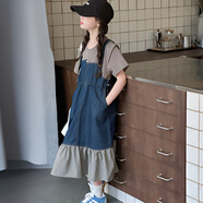布童晨熙女童夏季連衣裙2025新款女大童牛仔拼接裙子兒童夏天學(xué)院風(fēng)裙12歲 灰綠色 130