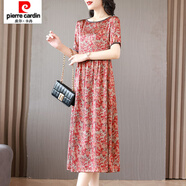 皮爾卡丹（pierre cardin）高端輕奢碎花雪紡短袖連衣裙女夏大碼寬松連身裙氣質(zhì)媽媽a字裙子 紅葉花 2XL 【建議體重 115-120斤】