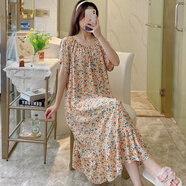 莫代爾韓版綿綢加長款純棉綢睡裙女士短袖加大碼睡衣夏季人造棉布家居服 桔田園風(fēng)-長裙 L [90-120斤]