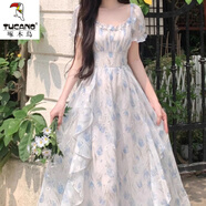 啄木鳥(niǎo)初戀法式方領(lǐng)碎花雪紡連衣裙夏季荷葉大尺碼氣質(zhì)收腰顯瘦仙女長(cháng)裙 藍色 (高質(zhì)量) L