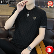 JEEP SPIRIT品牌高檔男士冰絲短袖t恤2025夏季新款高端圓領(lǐng)體恤衫半袖上衣男 黑色 L 110-125斤