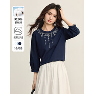 熙世界（sllsky）民族風(fēng)印花圓領(lǐng)T恤初秋2025年新款寬松慵懶風(fēng)七分袖上衣 寶藍色 2XL