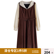 獨(dú)束大碼女裝撞色甜美娃娃領(lǐng)連衣裙冬裝新款氣質(zhì)復(fù)古風(fēng)中長(zhǎng)款裙子 茶褐色【160版本】 L
