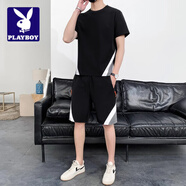 花花公子;PLAYBOY夏季潮牌套裝男2025年新款休閑百搭舒適短袖短褲時(shí)尚簡約搭配一套 35205黑灰 M 【建議95-120斤】