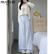 棉致冰絲薄款鏤空闊腿休閑褲子女夏季2025新款蕾絲拼接高腰顯瘦直筒褲 160藍色【高品質(zhì)21.5】 M 95-110斤