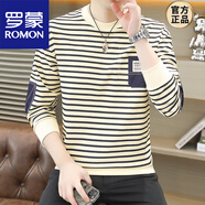 羅蒙（ROMON）春秋季條紋衛衣男圓領(lǐng)長(cháng)袖T恤潮流時(shí)尚貼布棉打底衫寬松休閑 1239白黑色【常.規】條紋衛衣 M