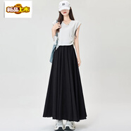 初徑冰絲棉麻百褶裙半身裙女夏季款高腰顯瘦遮胯垂感a字傘裙大擺長(cháng)裙 黑色 M