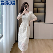 莫代爾連衣裙女2025夏季新款重工刺繡蕾絲法式感重工刺繡溫柔氣質(zhì)收腰款 杏色(版) M 【建議95-105斤】