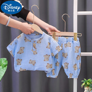 迪士尼（Disney）嬰兒衣服夏季透氣棉短袖防蚊褲分體套裝一歲男女寶寶簡(jiǎn)約休閑小童 藍色-小熊棉紗防蚊七分褲套裝 均碼 80cm