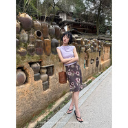 鷺青一原創(chuàng  )【漫溪】復古暈染印花半身裙女夏季斜裁魚(yú)尾中長(cháng)款短裙 霧紫色 M