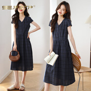 夏典素訂女王（SE.PSTP）2025年夏季氣質(zhì)文藝青格休閑連衣裙寬松顯瘦氣質(zhì)優(yōu)雅連衣裙 青格杭州今年流行的輕奢品質(zhì) M