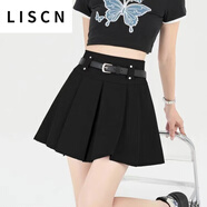 LISCN韓版百褶裙短裙女2025春夏新款西裝小個子高腰顯瘦a字半身裙休閑 黑色 L