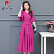 皮爾卡丹（pierre cardin）新品夏季連衣裙短袖V領(lǐng)雪紡大擺裙優(yōu)雅修身腰帶裙子廣場(chǎng)舞過(guò)膝裙 玫紅色 L 100-115斤