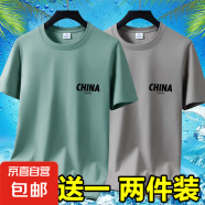 2025夏季冰絲男士短袖t恤休閑百搭大碼男裝半袖印花體恤打底衫-SL 短袖CHINA-豆綠+卡其 L 碼【90-105斤】