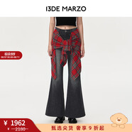 13DE MARZO女士 可拆卸襯衫兩件套水洗微喇褲子休閑牛仔褲套裝 水洗黑 S