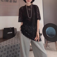 古闌迪莉蕾絲短袖t恤女2025夏季鉤花鏤空大碼胖MM寬松法式上衣感 黑色版 4XL 建議172-190斤