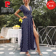 皮爾卡丹（pierre cardin）女裝歐洲站2025夏季新款時(shí)尚收腰顯瘦短袖波點(diǎn)開(kāi)叉連衣裙女士 109365藏青色 S