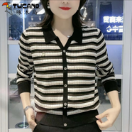 啄木鳥(niǎo)歐洲站條紋針織衫女2025年春秋新款設計感寬松顯瘦長(cháng)袖上衣polo衫 黑色 M 90-110斤
