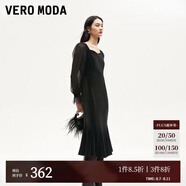 VEROMODA連衣裙2024秋季女裝新款天鵝絨拼接網(wǎng)紗魚尾長裙鉆石領東方簡奢風 紗袖絲絨裙-黑色 L