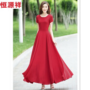 恒源祥冰絲雪紡連衣裙大擺裙夏季新款中長(cháng)款氣質(zhì)顯瘦大擺沙灘裙跳舞長(cháng)裙 酒紅色 2XL
